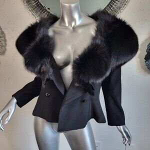 SOLEIMANI~S~ITALY~VINTAGE BLACK BLAZER JACKET COAT GENUINE REAL FOX FUR COLLAR